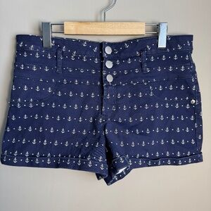 NOBO Women's 17 Mid-Rise‎ Nautical Theme Shorts Navy Blue Allover Anchor Stretch